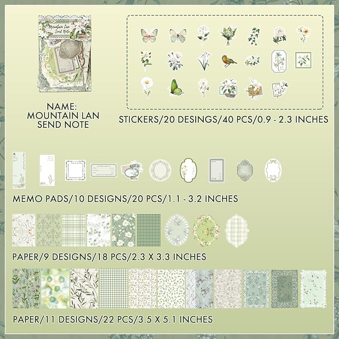 OKUPAN Scrapbook Supplies Kit – 100Pcs Vintage Floral Scrapbook Paper & Junk Journal Stickers, Journaling Supplies for Bullet Journaling, Retro Crafts, Mixed Media, Planner, Collage Card Album (Green)