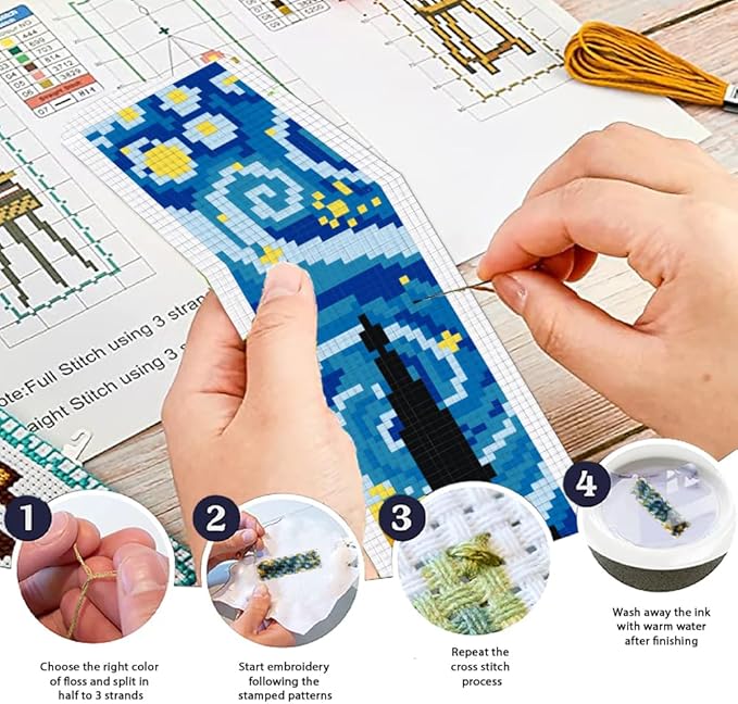 ORIGACH 6 Set Starry Night and Black Cat Cross Stitch Bookmark Kit for Beginner with Backing Felt Floss Instructions DIY Stamped Embroidery Bookmark Kit for Adults, Book Lovers
