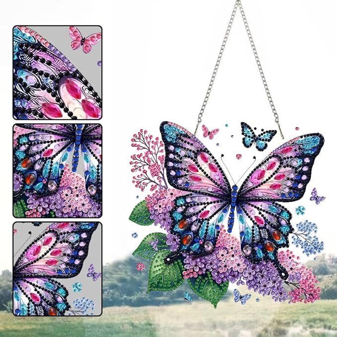 STGLCR Butterfly Diamond Art Hanging Kit for Adult,Special Shaped DIY Acrylic 5D Flowers Diamond Art Painting Window Pendants Home Garden Wall Hanging Kits Hanging Ornament 7.8inch Purple Foral