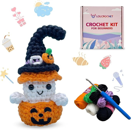 Halloween Pumpkin Ghost Crochet Kit for Beginners, Learn to Crochet Starter Set with Video Tutorial & Crocheting Manual, Easy Yarn Knitting Project for Adult & Kid 12+, DIY Stuffed Doll Gift Idea