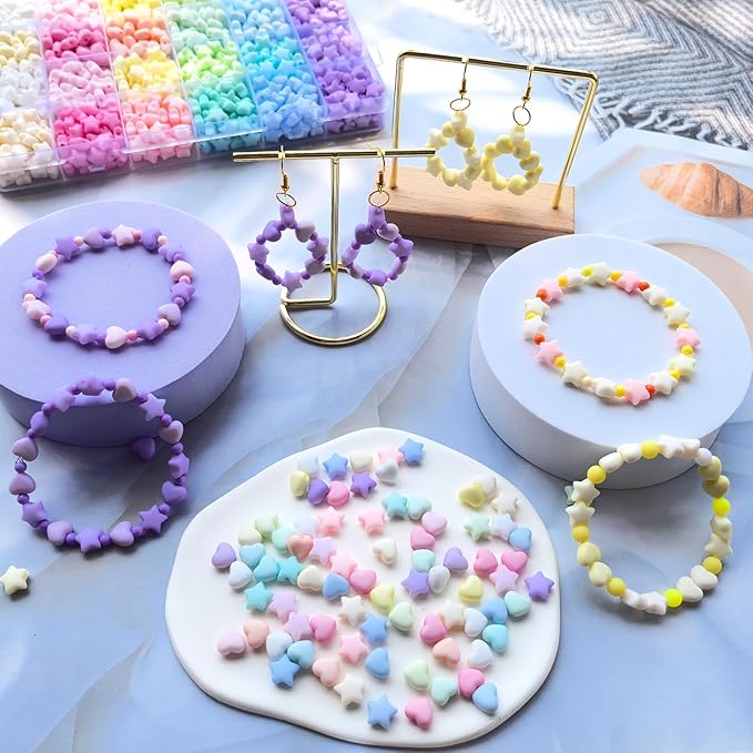 1000Pcs Matte Acrylic Star Beads Hart Beads for Jewelry Making, Macaron Colors Frosted Pastel Bead Colorful Assorted Cute Aesthetic Kawaii Bead for Bracelet DIY Craft Earring Phone Charm