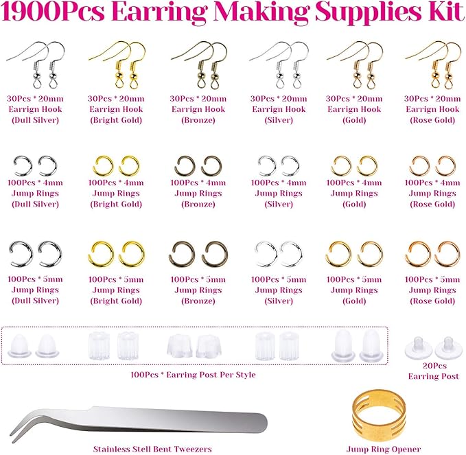 Anezus 1900 Pcs Earring Making Kit with Jewelry Hooks, Fish Hook Earrings, Backs, Jump Rings for Repair, Gifts