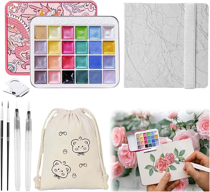 Mini Watercolor Paint Set - 24 Colors Glitter Travel Watercolor Set, Portable Metallic Water Color Paints Palette Box with Watercolor Book,Clips,Pens,Storage Bag for Painting Lovers and Artists