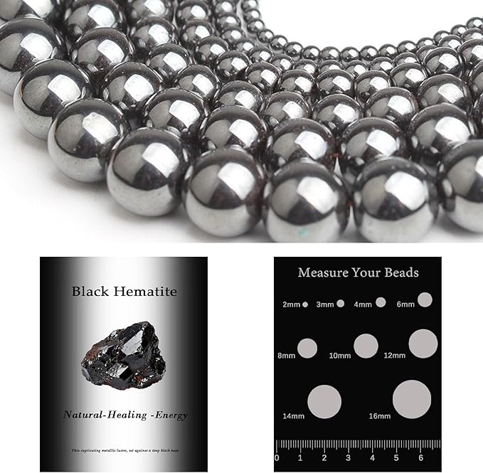 Song Xi 60pcs 6mm Natural Black Hematite Stone Beads for Jewelry Making, Gemstones Beads Bracelet for Necklace Earring Keychain, with Jewelry Box and Elastic for Christmas Wedding Birthday Gift