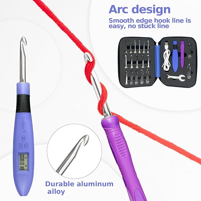 18 Size Light Up Crochet Hook Set with Digital Counter, Ergonomic Crochet Hooks for Arthritic Hands, 2.0–14.0mm Interchangeable Crochet Hooks with Case, Rechargeable and Beginner-Friendly