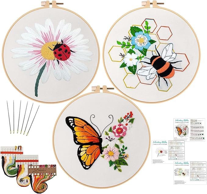 Nuberlic 3 Pack Funny Embroidery Kits for Adults Beginner, Stamped Cross Stitch Kit for Crafts Starters with Cute Bees Butterfly Patterns Include Hoop Cloth Thread Needles Instructions