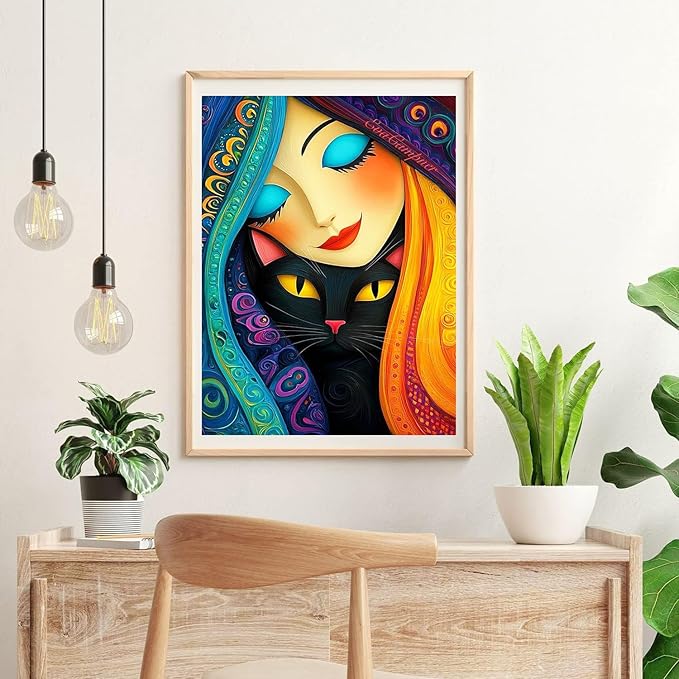 igoodom Diamond Art Kits for Adults, Black Cat Diamond Painting Kit, Full Drill Round Diamond Art Kits, DIY Gem Art and Crafts for Home Wall Decor Gift 12x16inch