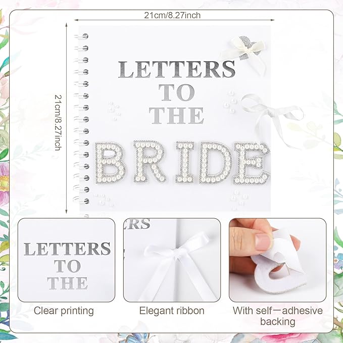 8 x 8 Inch Letters to The Bride Scrapbook Wedding Scrap Book Letters To The Bride Book Bridal DIY Blank Paper Scrapbook Photo Album with Pearl Stickers, Metallic Letters, Bows(White)