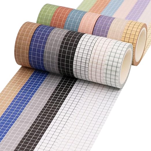 Knaid Grid Washi Tape Set, 14 Rolls of 15 mm Wide Decorative Colored Masking Tapes for Scrapbooking, DIY Decor and Crafts, Bullet Journals, Planners, Junk Journal, Gift Wrapping