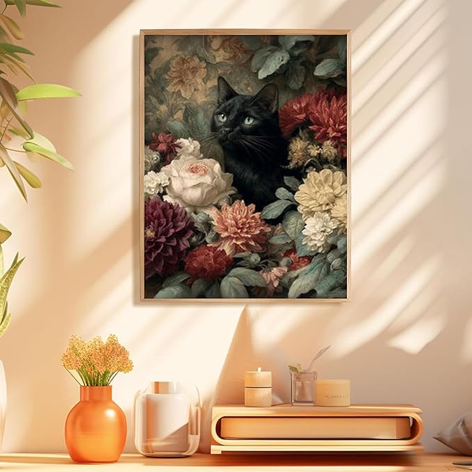 Cat Paint by Numbers Kit for Adults Beginners, Flowers Adult Paint by Number Kits on Canvas, Acrylic Painting by Number, DIY Crafts for Gift Home Decor 16x16 in