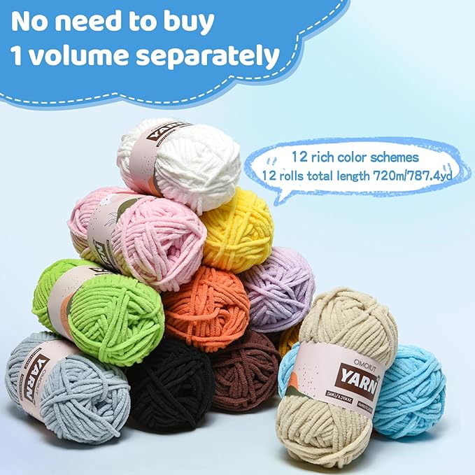 12 Pack Chenille Velvet Yarn - Baby Yarn for Crocheting Soft - Amigurumi Yarn Set with 600g(787yd) Crochet Yarn Crochet Hook、Stitch Markers、Fluffy Stuffing、Accessories C