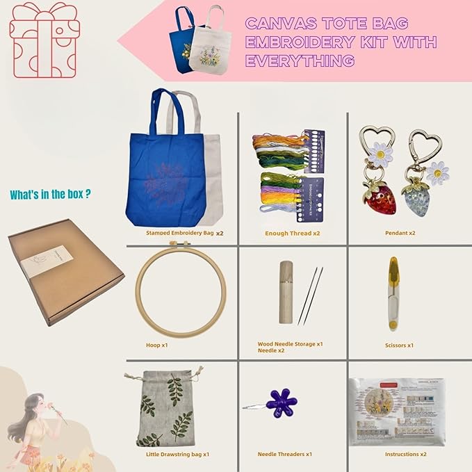 Speedura Embroidery Kit for Beginners – Dual Canvas Tote Bags with Floral Cross Stitch Patterns | Complete Needlepoint Set Includes Hoops, Threads & Step-by-Step Video Tutorial (Beige & Blue Set)