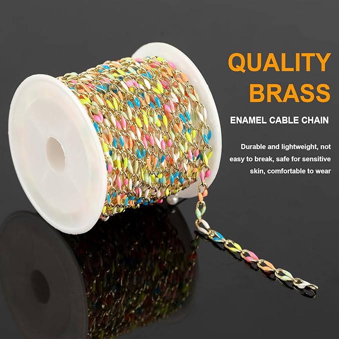 KYUNHOO 4 Meters Colorful Oil Drip Cable Chain for Jewelry Making, 16K Gold Plated Brass Chain Mixed Color Enamel Chain Necklace Women Bracelet DIY Jewelry Supplies Findings