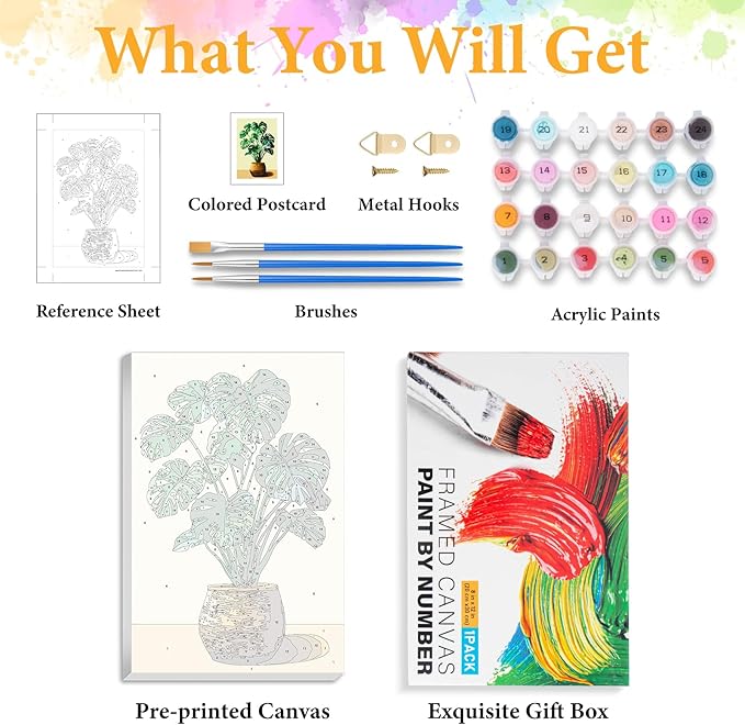 Framed Paint by Numbers Kit for Adults Beginner Plant, Adult Paint by Number Kits on Canvas Framed Potted Plant, DIY Acrylic Oil Painting by Numbers with Frame, Perfect for Home Decor 8 X 12 Inch
