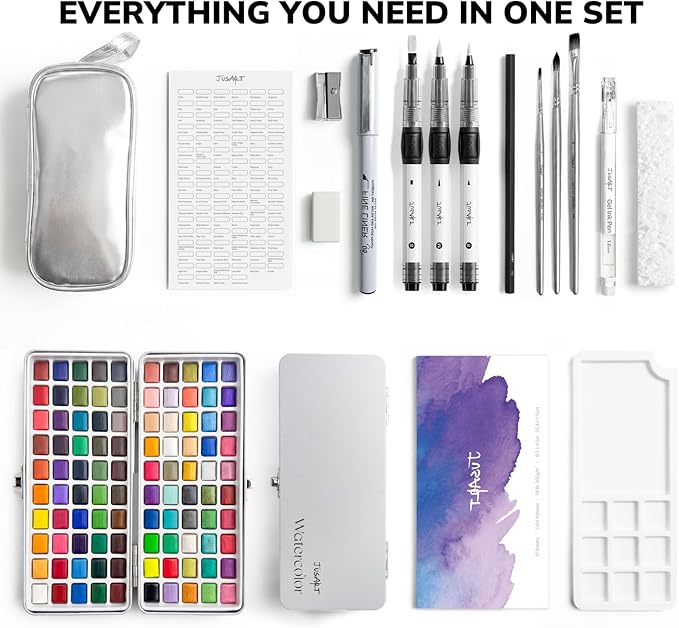 jusart 100 colors watercolor paint set,travel watercolor set with handbag,art supplies with metallic color, detail painting brushes, water brush pens, portable watercolor supplies for artists, professionals