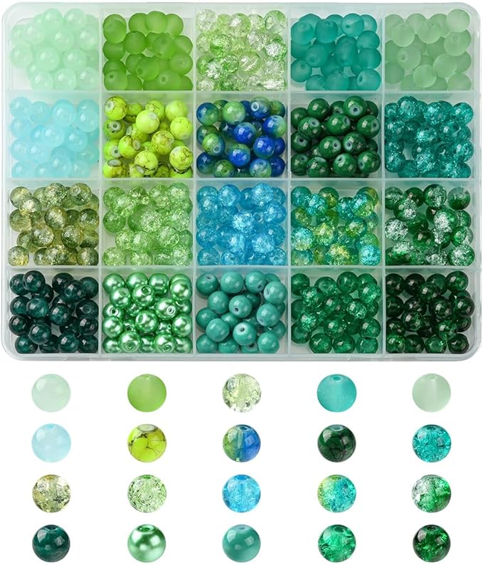 Echoed Elegance 8 Color Gradient Glass Beads Kit - 400pcs 8mm Round Beads for DIY Jewelry Making, Bracelets, Necklaces - Mixed Blending Color Craft Beads with Storage Box (Green)