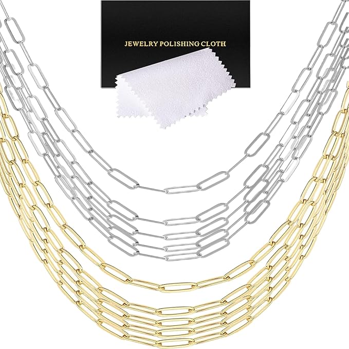 10 Pcs Paperclip Chain Necklace for Women 20 Inch Stainless Steel Gold Silver Charm Necklace Chains Adjustable Link Chains with Lobster Clasps Polishing Cloth for DIY Women Jewelry Making Supplies