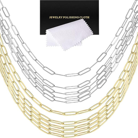 10 Pcs Paperclip Chain Necklace for Women 20 Inch Stainless Steel Gold Silver Charm Necklace Chains Adjustable Link Chains with Lobster Clasps Polishing Cloth for DIY Women Jewelry Making Supplies