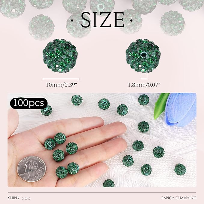 100 pcs 10mm Rhinestone Beads for Jewelry Making, Dark Green Shiny Round Shamballa Disco Beads Bulk, Sparkle Crystal Clay Christmas for Bracelet Baseball Necklace Earring Crafting and DIY