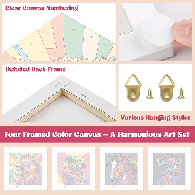 Lxmsja 4 Pack Pop Neon Animal Paint by Numbers Kit for Adults, Easy Framed Paint by Numbers for Adults Beginner, DIY Acrylic Oil Painting Craft Kits for Home Wall Decor 8x8 inch