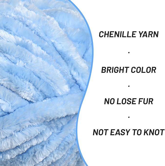 Fuzzy Chunky Chenille Yarn for Crocheting，Soft Plush Yarn for Hand Knitting，Bulky 3x00 g（3x49.2 yd） Baby Blanket Yarn for Crocheting Amigurumi Yarns，Crochet Fluffy Velvet Yarns (Sky Blue)