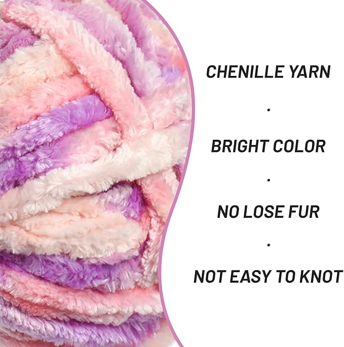Fuzzy Chunky Chenille Yarn for Crocheting，Soft Plush Yarn for Hand Knitting，Bulky 100 g（49.2 yd） Baby Blanket Yarn for Crocheting Amigurumi Yarns，Crochet Fluffy Velvet Yarns (Pink Purple)