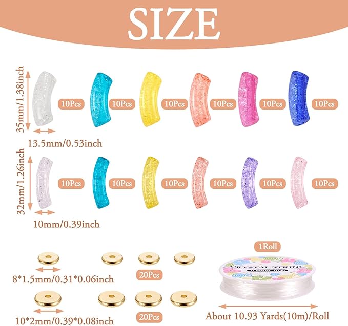 Sparkeads 120PCS Bamboo Tube Bracelet Making Kit for Women Friendship Gift Stacking Bangles Transparent Chunky Curved Acrylic Beads Metal Spacers Elastic Thread
