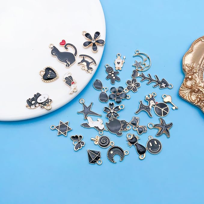 Youdiyla 60pcs Alloy enamel black series fixed set Pendant Jewelry Making DIY Keychain Earrings Pendant Various Design Charms for Jewelry Making Bracelets Necklace (HK550)