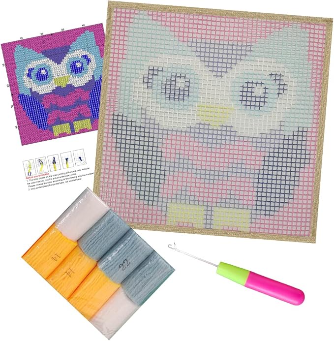 Yglnden Latch Hook Kits Rug Owl Crochet Yarn Cushion Colour Pre-Printed Canvas Rug Needlework DIY Hook and Latch Kit Christmas Home Decoration 30x30cm/12 X12inch