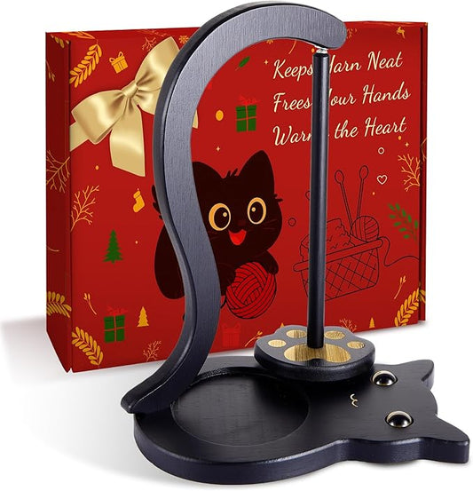 Black Cat Yarn Holder for Crocheting, Wooden Crochet Yarn Holder Magnetic Yarn Spinner with Accessories Storage Anti-Slip Pads,Yarn Ball Holder Crochet Gift for Knitting Lovers with Gift Box Packaging