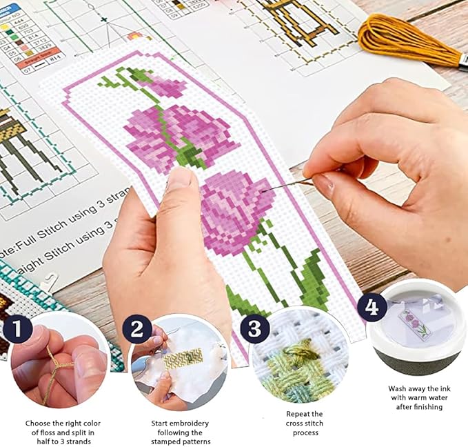 ORIGACH 6 Set Pea Flower Cross Stitch Bookmark Kit for Beginner with Backing Felt Floss Instructions DIY Stamped Embroidery Bookmark Kit for Adults, Book Lovers
