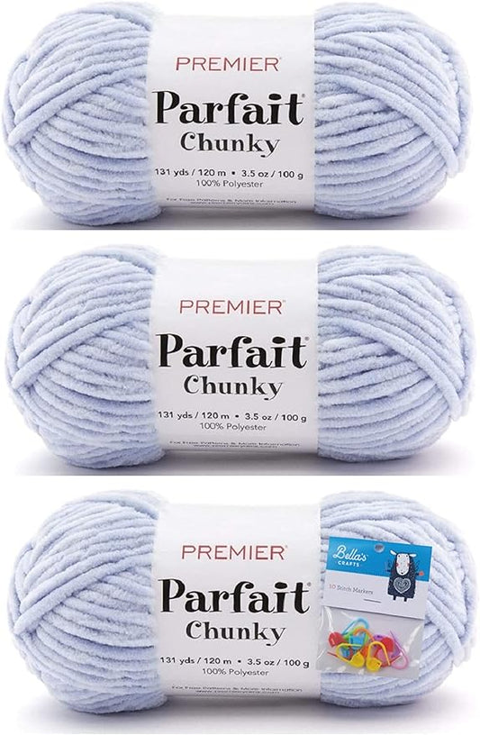 Premier Yarns Parfait Chunky Chenille Yarn 3.5 Oz 6 Super Bulky Weight 3 Pack Bundle with Bella's Stitch Place Holders (Pale Blue)