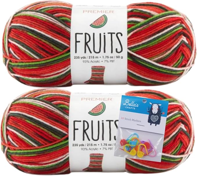 Premier Yarns Fruits, Acrylic Sock Yarn, 2-Pack Bundled with Bella's Crafts Stitch Markers (Watermelon)