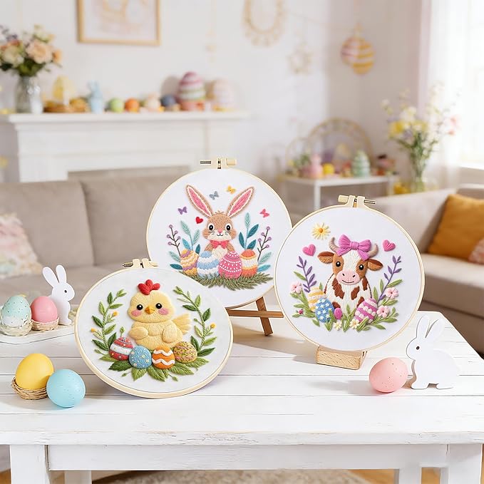 BBLYBD Easter Embroidery Kit, 4 Set Cross Stitch Craft Kits for Beginners with Pre-Printed Embroidery Fabric, Hoops, Step-by-Step Instructions, Color Threads & Needles (Easter)