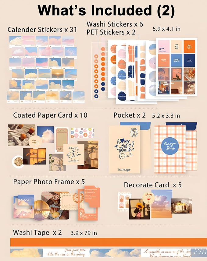 YagCu Aesthetic Scrapbook Kit, Sunset Junk Journal Supplies, Vintage Journaling and Scrapbooking Set, Bullet Journals Materials, Large Collection for Women Adults Beginners, Arts Craft