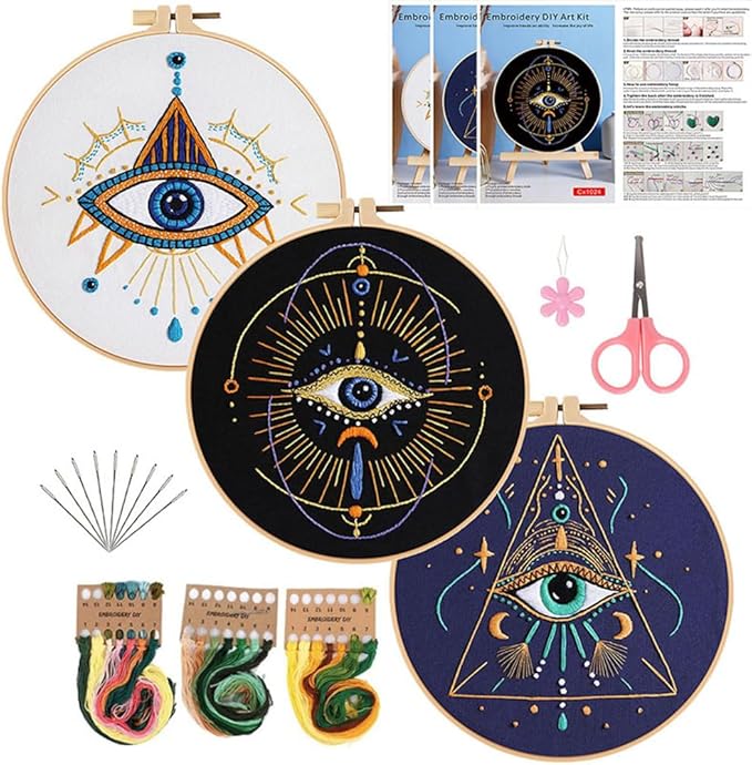 konrisa 3 pcs embroidery kits with tarot cards and eyes pattern, stamped embroidery starter kit for beginners adults needlepoint kits diy sewing cross stitch practice kit home decoration