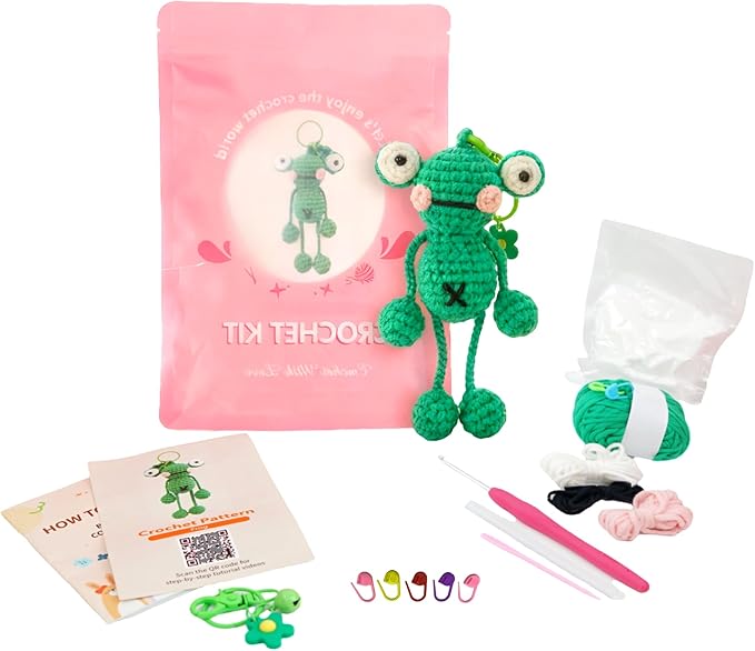 minimal beee Beginner Crochet Kit for Frog Keychain- Complete DIY Animal Craft Set with Easy Peasy Yarn and Step-by-Step Video Tutorial.Gift Hobby for Adults