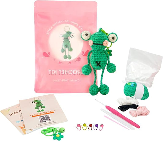 minimal beee Beginner Crochet Kit for Frog Keychain- Complete DIY Animal Craft Set with Easy Peasy Yarn and Step-by-Step Video Tutorial.Gift Hobby for Adults