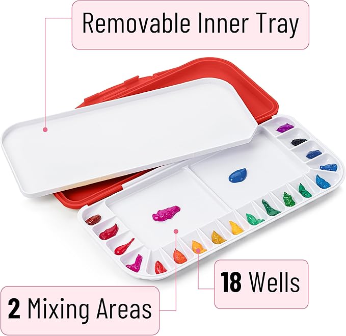 Mr. Pen- Airtight Watercolor Palette with Lid, Red, 18 Wells and 2 Mixing Areas, Empty Watercolor Palette, Paint Pallet with Lid, Folding Paint Tray
