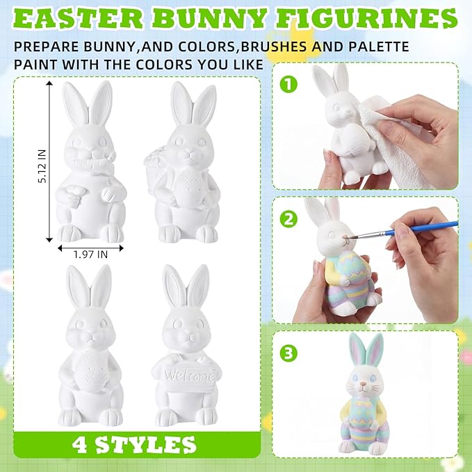Zubebe 4 Pcs Easter Ceramics to Paint Bunny Kits Ready to Paint Your Own Easter Bunny Figurines 5.1 Inch 3D Unpainted Blank Ceramics with Brush and Palette Rabbit Statues for Craft (Cute Style)