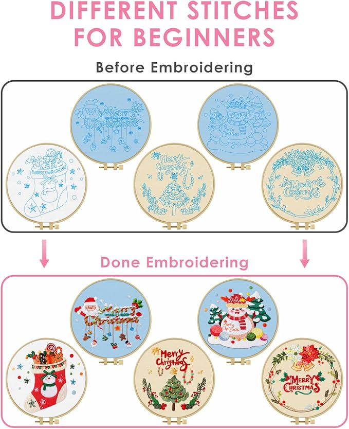 TINDTOP Christmas Embroidery Kit for Adult, 5 Pack Embroidery DIY Starter Kit, with Stamped Patterns, Hoop, Tools, Colorful Threads with Needles, Instructions
