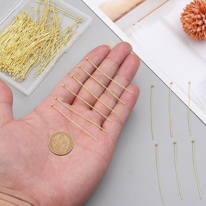 200 Pcs 50mm Straight Ball Pins for Craft Earring Bracelet Necklace Pendant DIY Jewelry Making, Gold Color