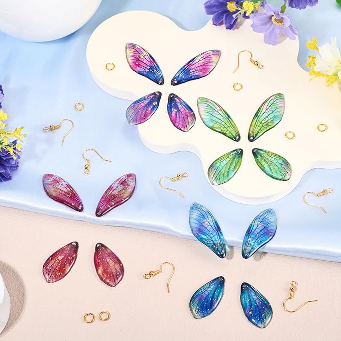 FASHEWELRY 16Pcs Resin Wing Charms Gradient Butterfly Wing Earring Charms Colorful Insect Wings Pendants with Jump Rings Earrings Hooks for DIY Earring Jewelry Making Kits