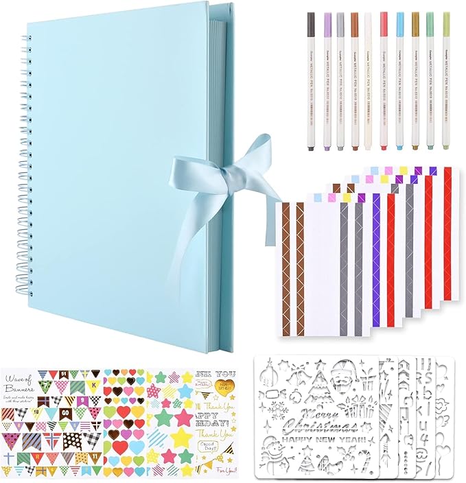 GOTIDEAL 12 x 12 Inch Scrapbook Album with 10 Metallic Markers,80 Pages Craft Paper Photo Album for Wedding and Anniversary, Family DIY Photo Album with Scrapbooking Stickers Corners(Blue)