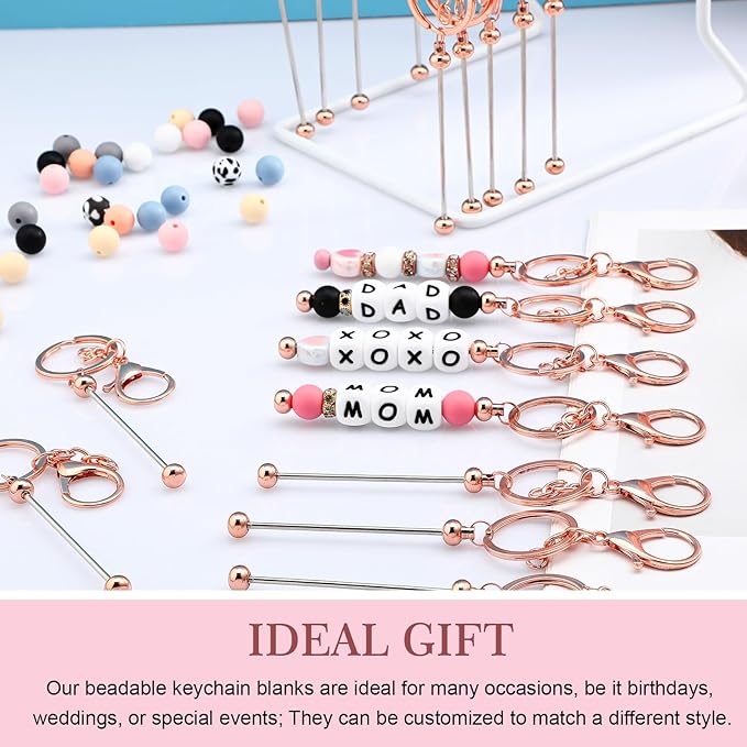 Tondiamo 24 Pcs Beadable Keychain Bars Bulk Beads for Keychain Making Kit Gifts for Women Men DIY Crafts(Rose Gold)