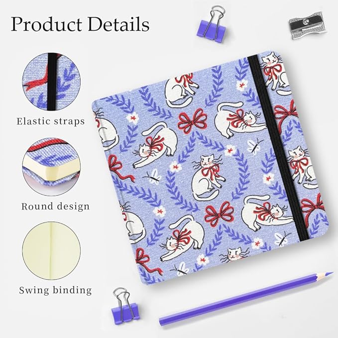 Mifuner 4.8x4.8in 80gsm Mini Notebooks Art Blank Pages Sketchbooks Travel Journal Pocket Hardcover Paint Writing Notebook Blank Diary Memo Planner Sketchbook Fabric Cover.White Cat