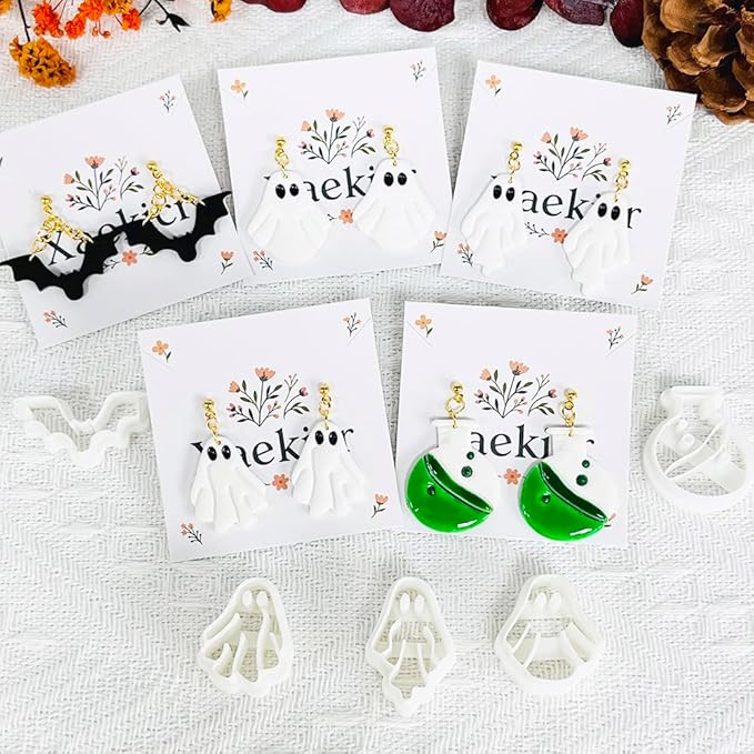 Xaekicr 5 Pcs Halloween Polymer Clay Cutters Set – Ghost, Bat, Potion Bottle Clay Earring Cutters for DIY Jewelry Making – Clay Tools for Polymer Clay Molds