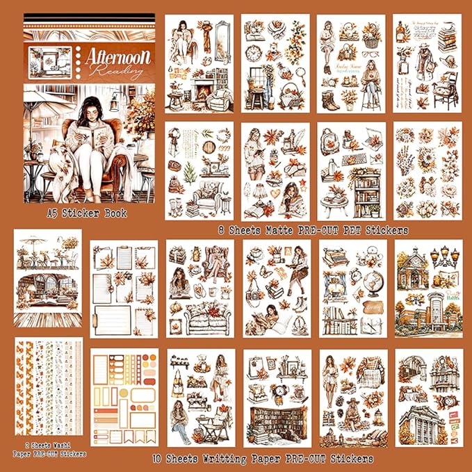 Afternoon Reading Sticker Book for Adults Journaling, 20 Diecut PET Washi Paper Scrapbook Stickers Sheets, Ephemera for Junk Journals Supplies, Scrapbooking, Collage, Bujo, A5