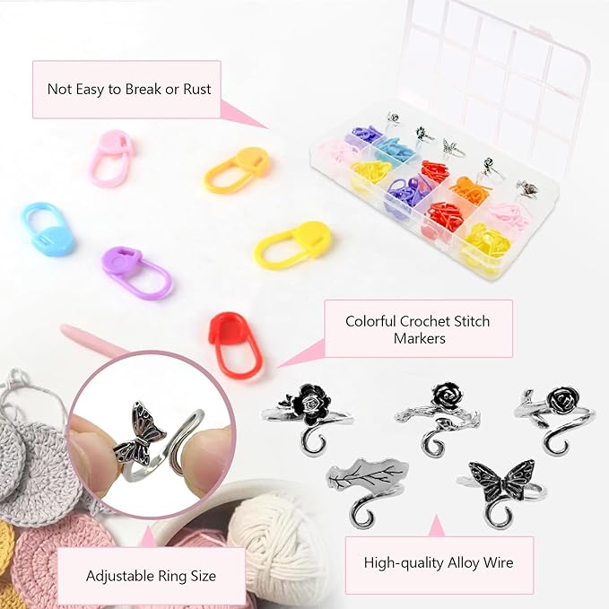 LBU 5Pcs Crochet Ring + 100Pcs Stitch Markers Adjustable Crochet Tension Rings for Finger Handmade Yarn Guide Crocheting Rings Knitting Accessories with Box Crochet Gifts for Women Mom Crocheters