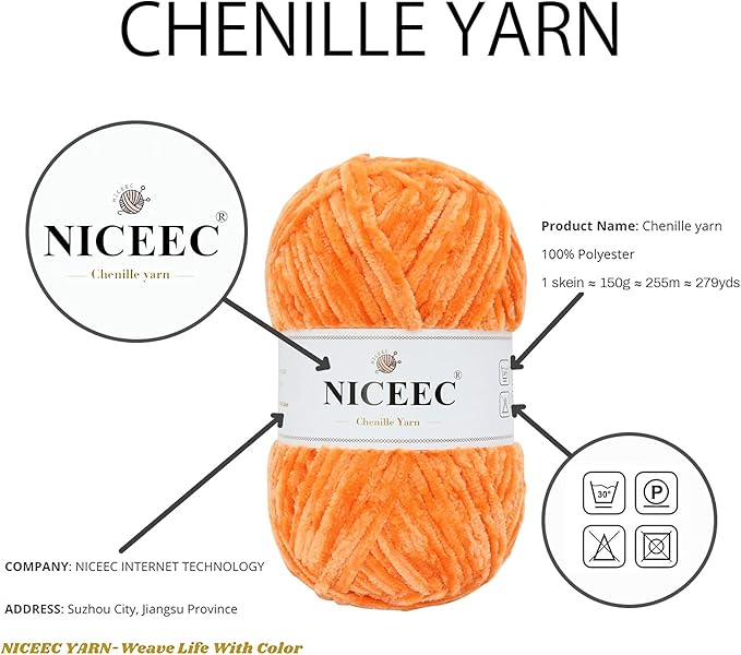 NICEEC 2 Skeins Soft Chenille Yarn Blanket Yarn for Knitting Fancy Yarn for Crochet Weaving DIY Craft Total Length 2×255m (2×279yds, 2×150g)_Orange